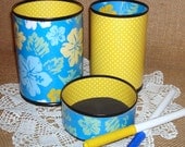 Desk Accessories Office Organizer - Blue and Yellow Hibiscus  Hawaiian Flowers and Dots Pencil Cup Holder Set No. 219