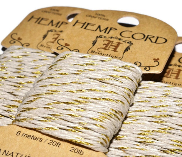 Gold  Twine, Hemp, Metallic Cord,   1mm Hemp Cord, 20  Feet Sample card,   Gold Hemp Twine