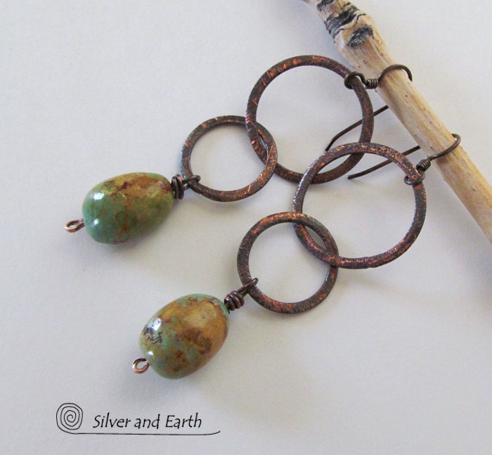 Hoop Dangle Earrings with Turquoise, Antiqued Copper Earrings, Turquoise Earrings, Copper & Turquoise Jewelry, Boho Chic Earthy Jewelry