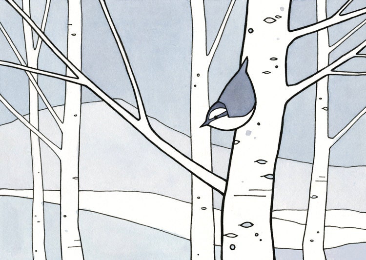 Bird illustration print - Nuthatch Aspens 5x7