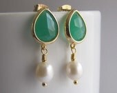 Emerald green framed glass post earrings with pearls in gold, dangle, drop