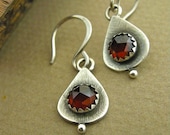 Artsian Brushed Silver Rose Cut Garnet Teardrop Earrings