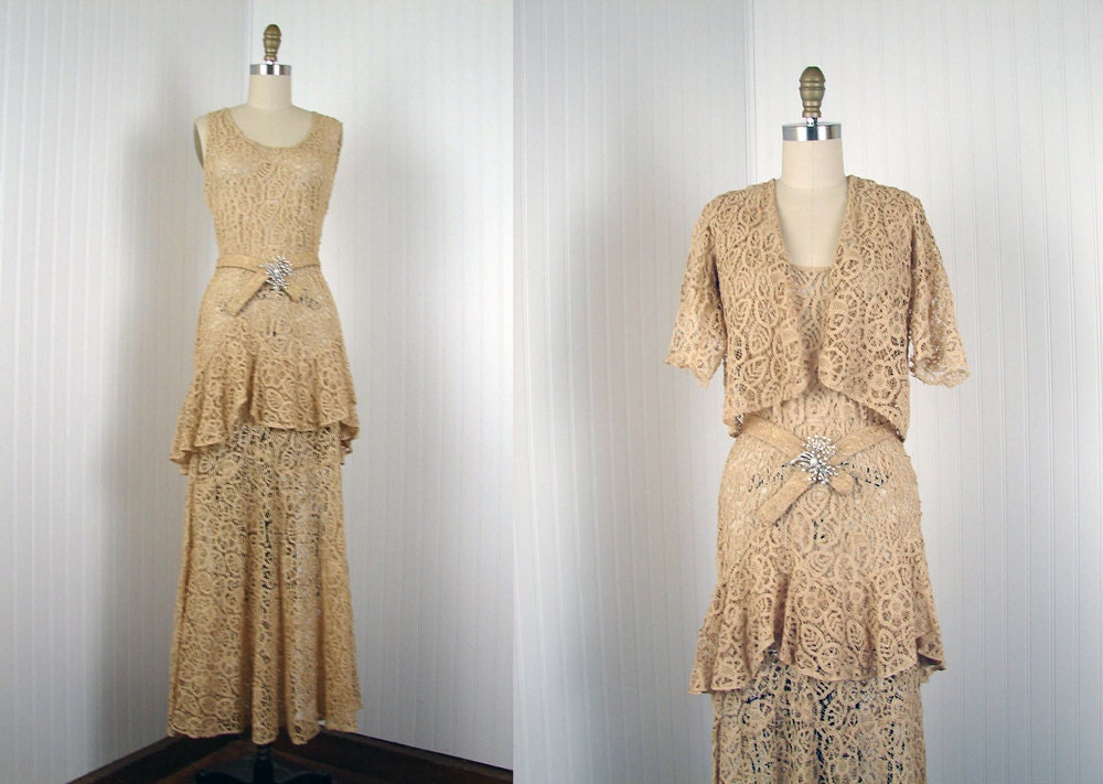 1930s Dress - Vintage 30s Wedding Dress - Ivory Crochet Bias Lace Deco Trained Gown w Jacket M L - Three Little Words