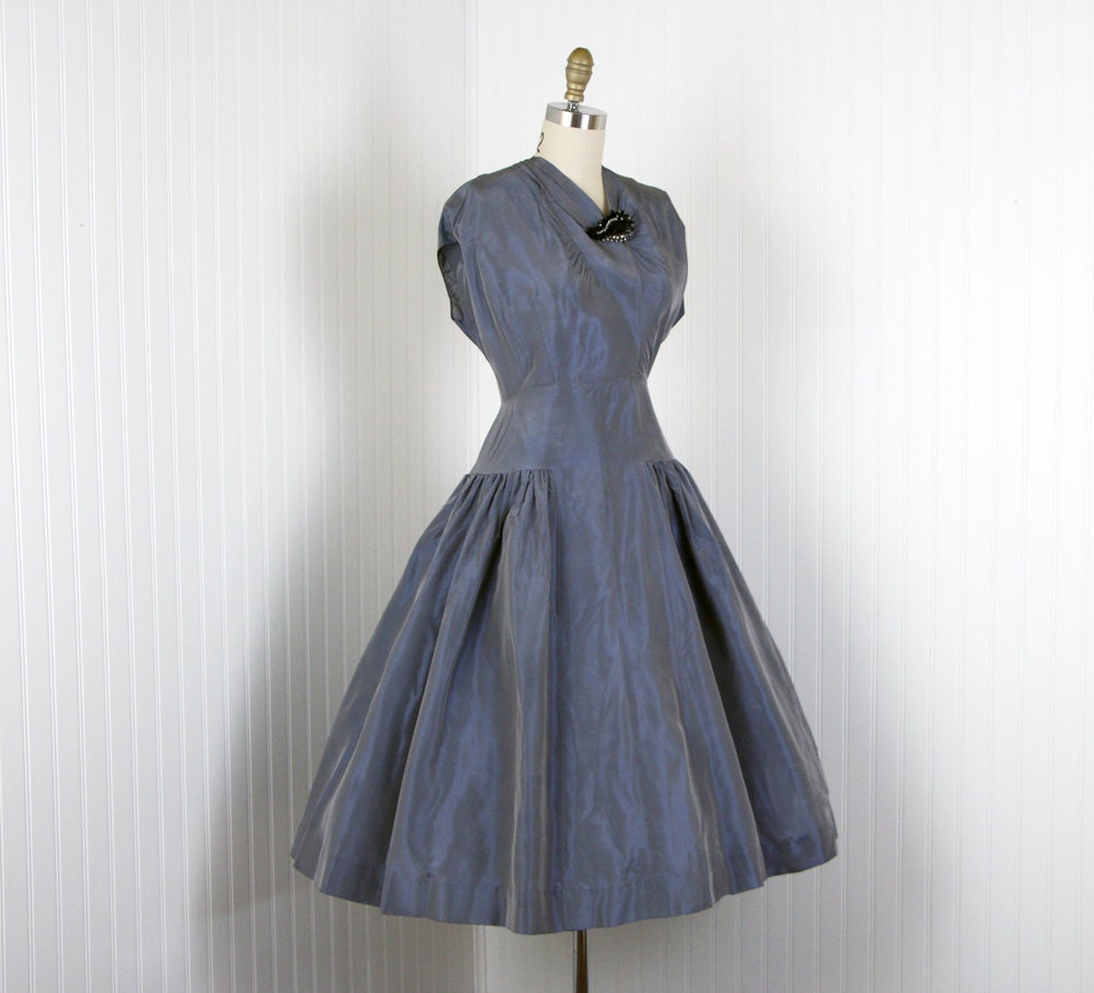 1950s Dress - Vintage French Couture Dress - Sharkskin Taffeta Party w Black Rhinestone Brooch - The French Collection