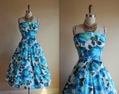 1950s Dress - Vintage 1950s Dress - Blue Roses Cotton Garden Party Sundress S - All American Vixen