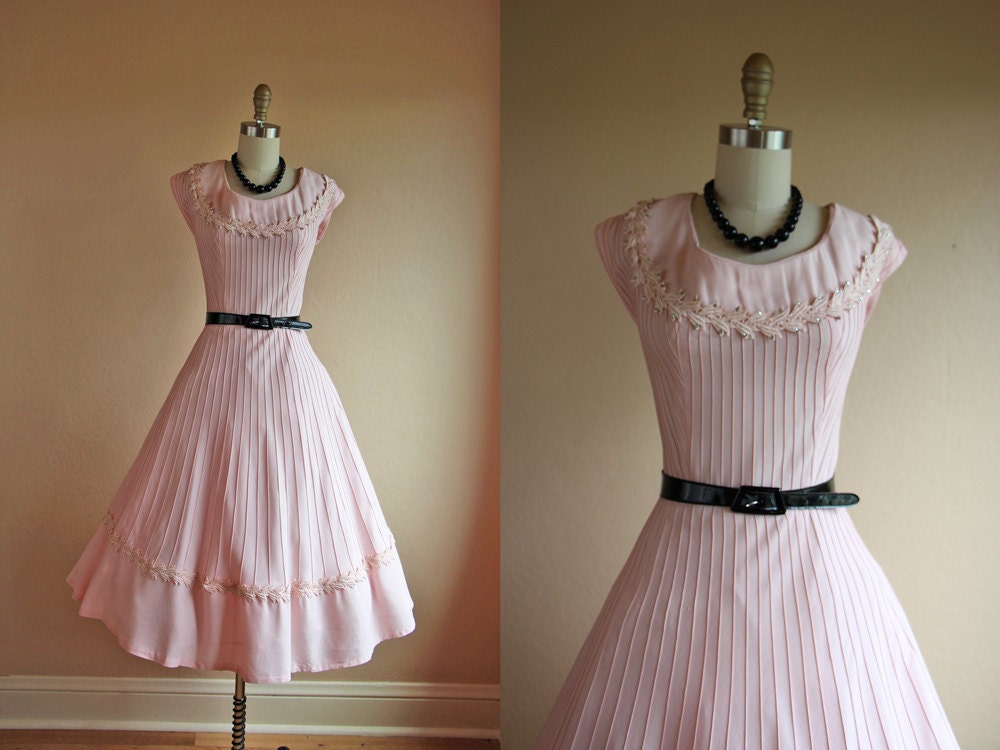 1950s Dress - Vintage 50s Dress - Pink Rhinestones Garden Party Sundress L - Powder Puff