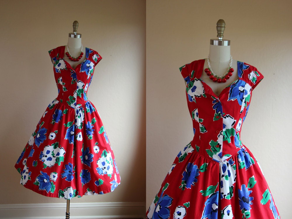1980s Dress - Vintage 80s 50s Dress - Atomic Red Cotton Floral Full Skirt Tea Sundress L - Abloom