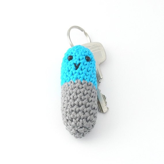 Chill pill keychain - crochet dangle, zipper pull, plushie keychain - blue and grey -  amigurumi