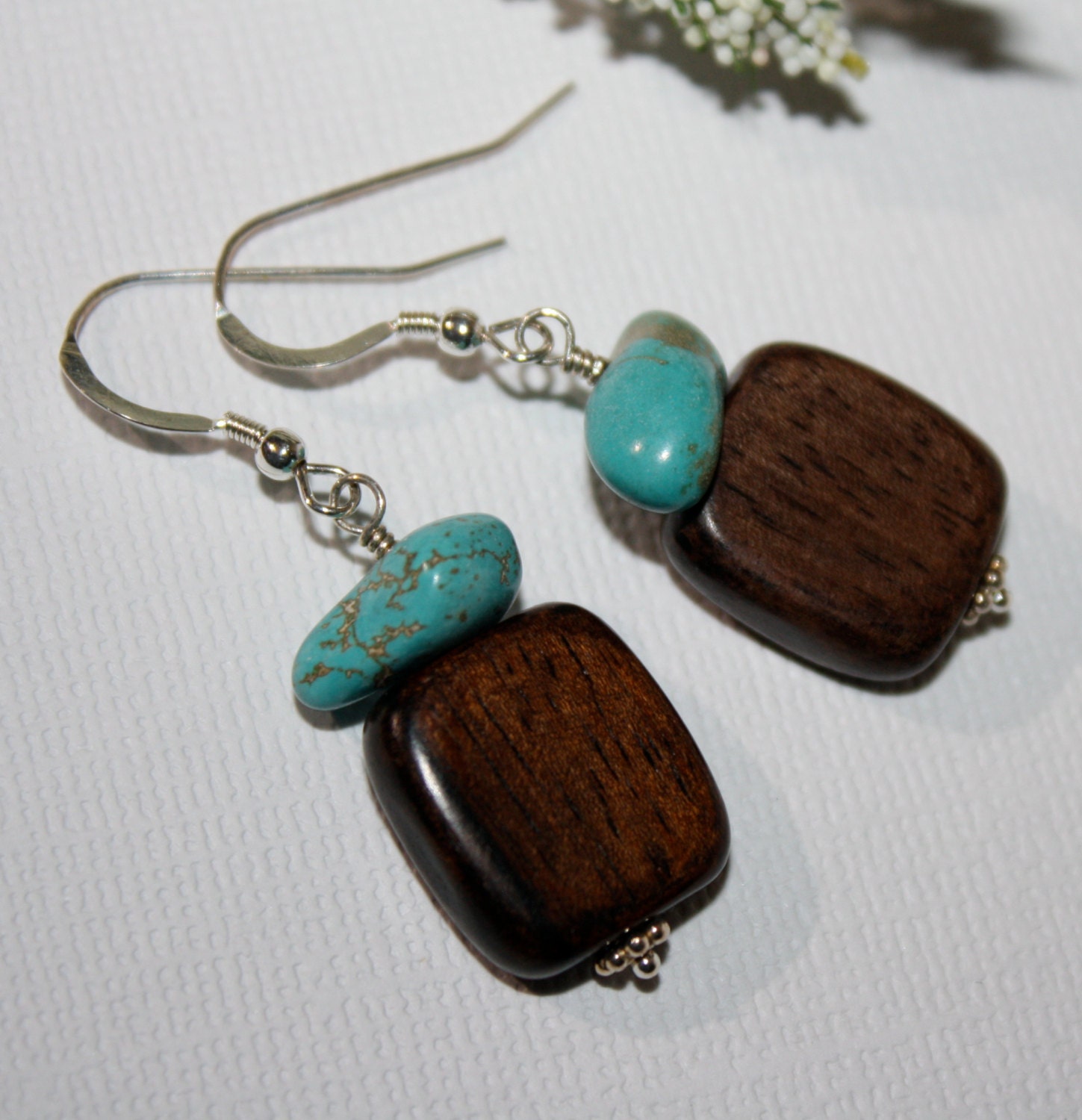 Turquoise Nugget and Wood Earrings Gemstone Wooden .925 Sterling Silver Dangle Earthy Brown Boho Bohemian Chic Vintage For Her