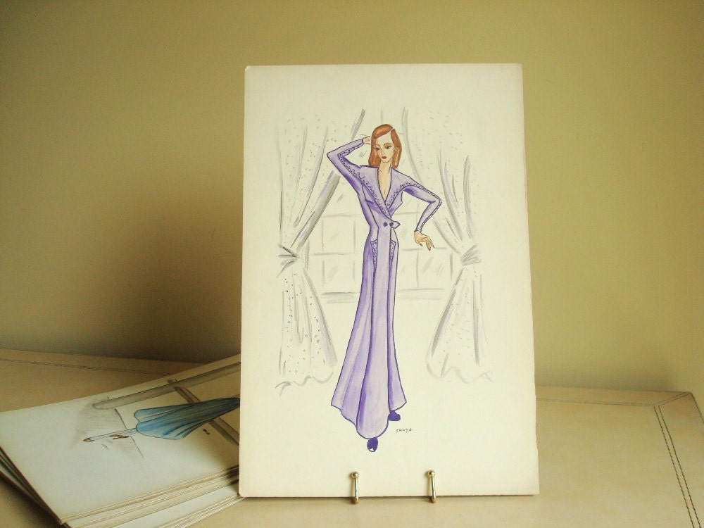Original 1940s fashion illustration, Purple Lounge Robe, original watercolor & ink