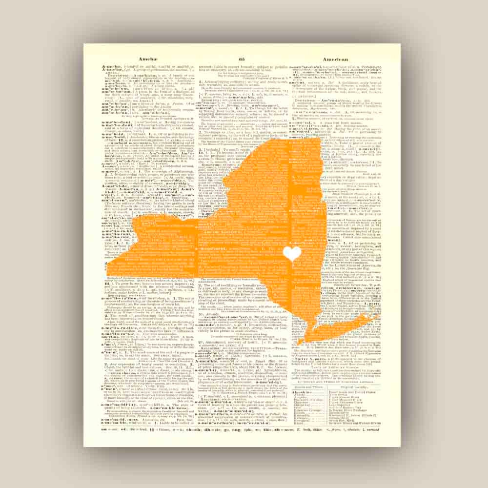 New York State Map Art Print, on old dictionary page 11x14 Print, customizable hearted city, map wall art, decorative arts,