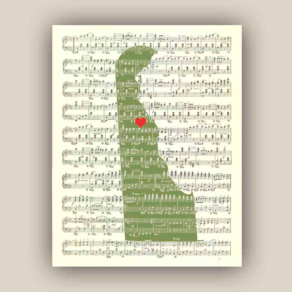 Delaware State Map Art Print, on old sheet music 11x14 Print, customizable hearted city, map silhouette wall art, home decor