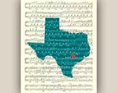 Texas State Map Art Print, on old sheet music 11x14 Print, customizable hearted city, map silhouette wall art, home decor