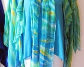 YOLANDA LORENTE hand painted silk chiffon 3-piece jacket top scarf blue aqua M L medium large