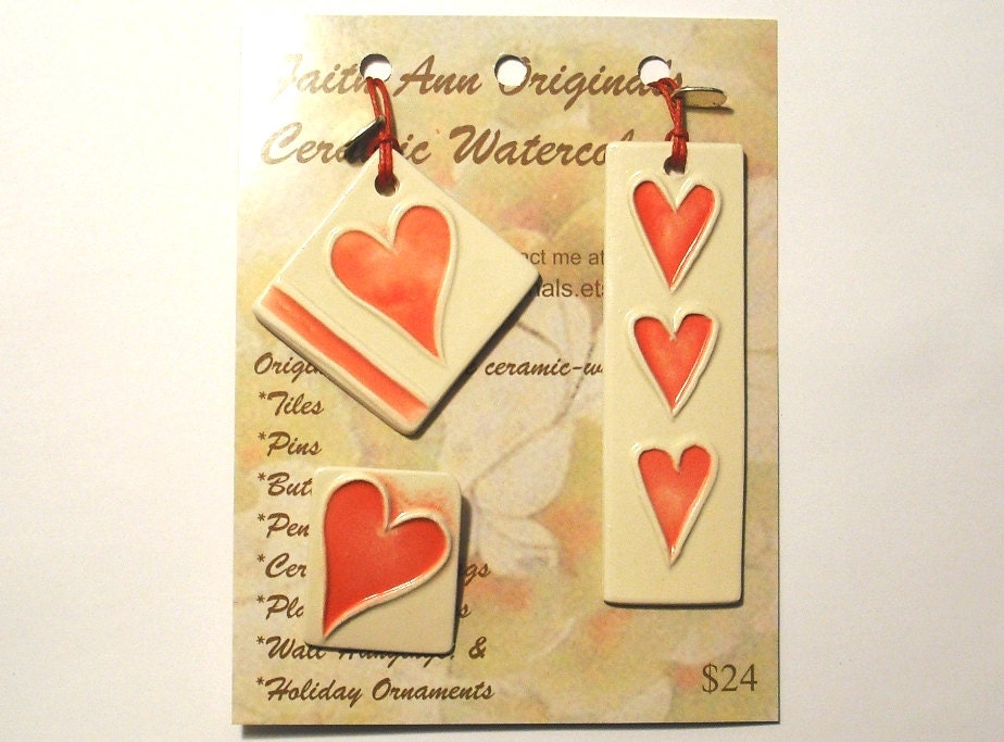 VALENTINE SET handmade ceramic tile brooch mini ornament and gift tag or key fob keeper cherry apple red cream white clay by Wisconsin FAO