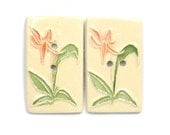 SPRING LILY handmade ceramic button 2 hole leaf green wildflower woods white pink rectangle Bead&Button Show by Faith Ann Originals W9v