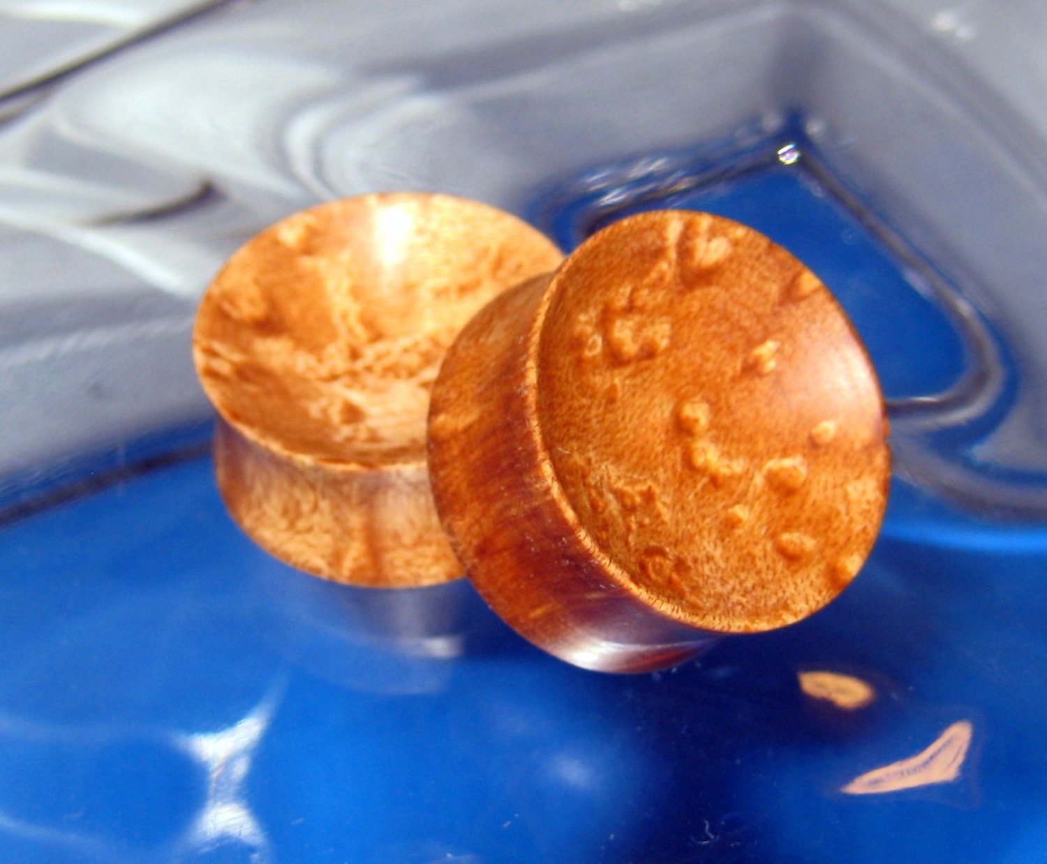 25mm Concave Pair of Birdseye Maple ear plugs, gauges, 1 inch wooden gauge, hand turned