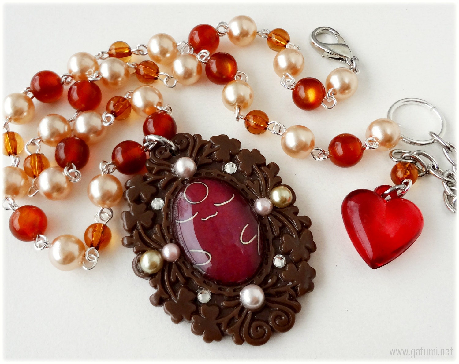 Black Mokona Necklace, Brown Glass Cameo Pendant, Rosary Pearl Chain - Anime Jewelry, Decoden