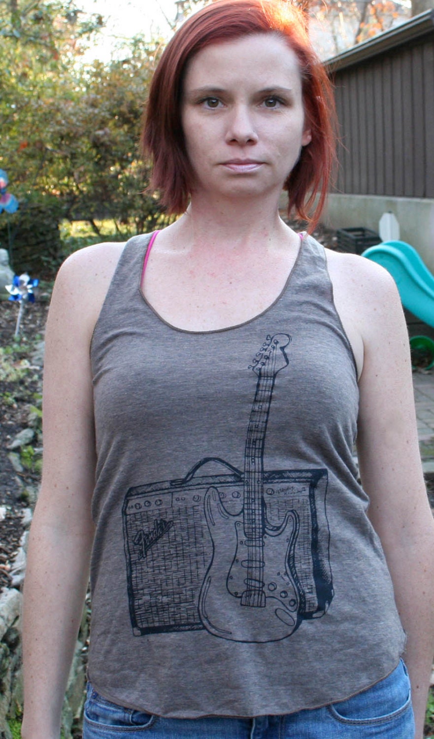 Fender Guitar and Amp Hand Drawn Design on American Apparel Tri-Coffee RacerBack Tank for Women