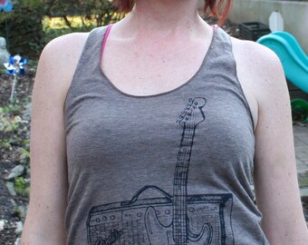 Fender Guitar and Amp Hand Drawn Design on American Apparel Tri-Coffee RacerBack Tank for Women