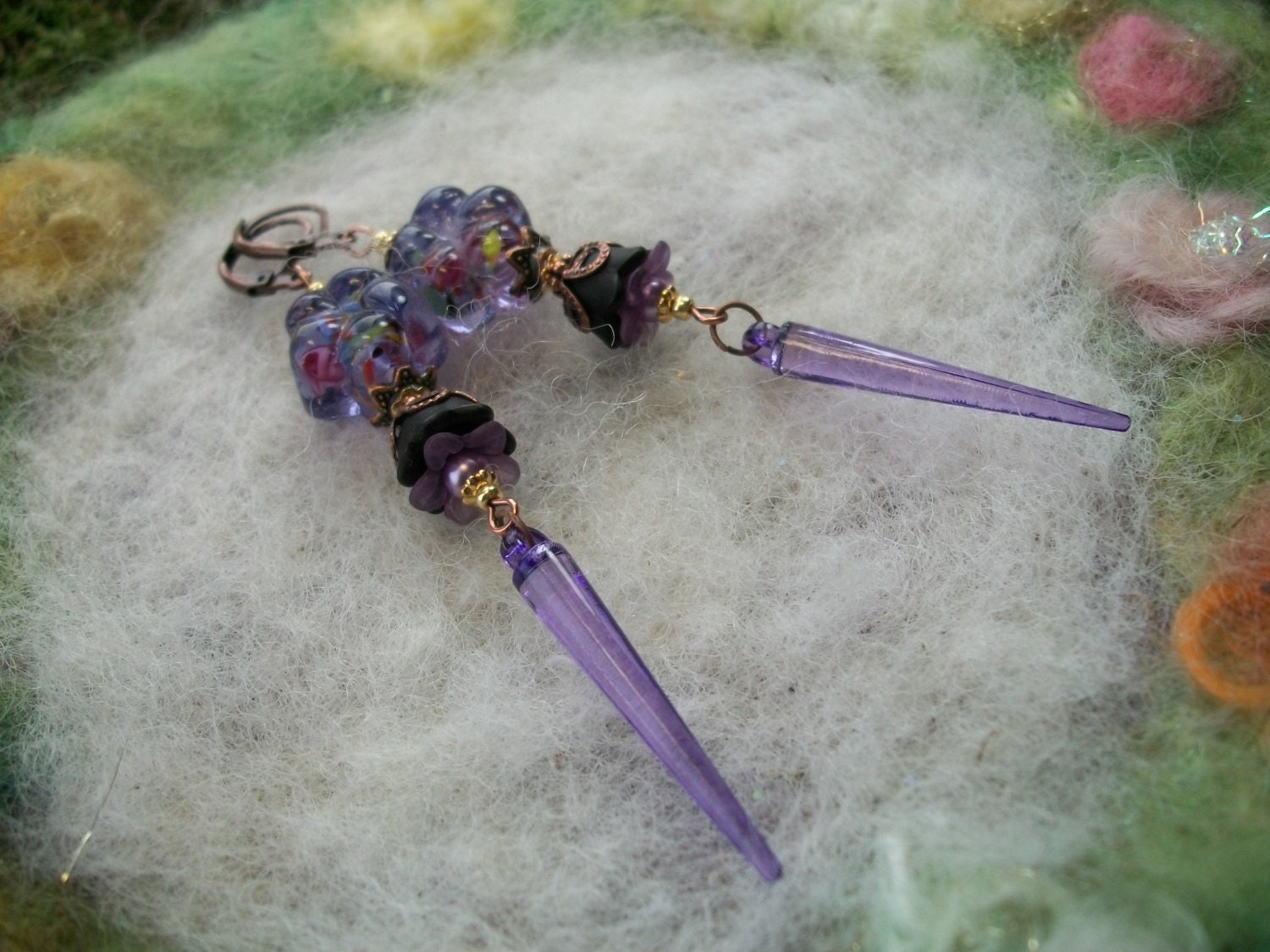 Purple Earrings, Lamp Work and Lucite