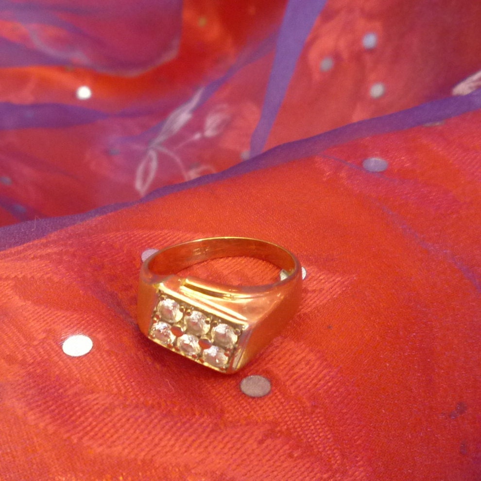 14 K Gold Mens Ring, Vintage Ring with Six CZs