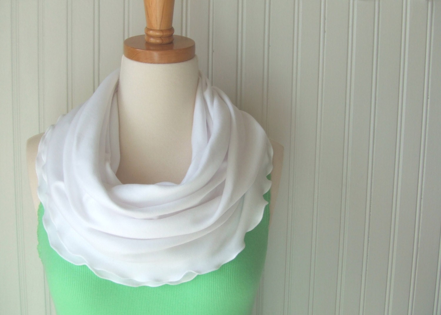 White Ruffled Jersey Infinity Scarf - Circle, Loop, Cowl Scarf - New Spring Fashion