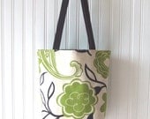Garden Green Floral Tote Bag - Summer Book Bag, Carry All Bag