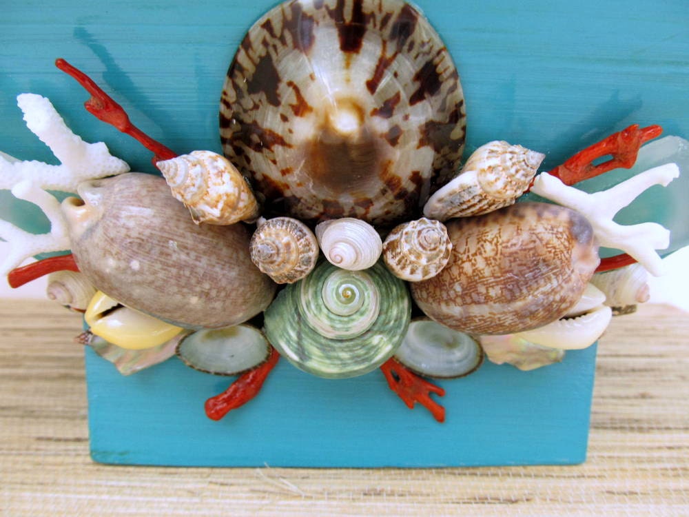 Beach Decor Turquoise Shell Art Coral and Shell Bamboo Bowl