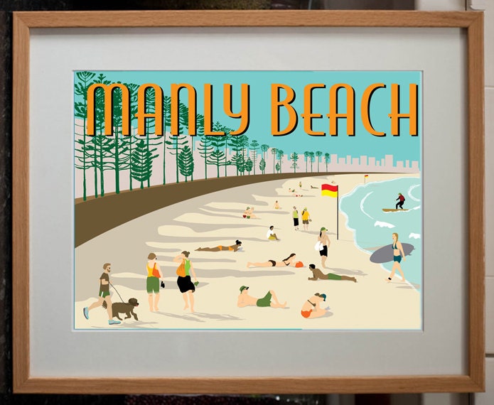 Retro Travel Poster Style Print of Manly Beach, Sydney