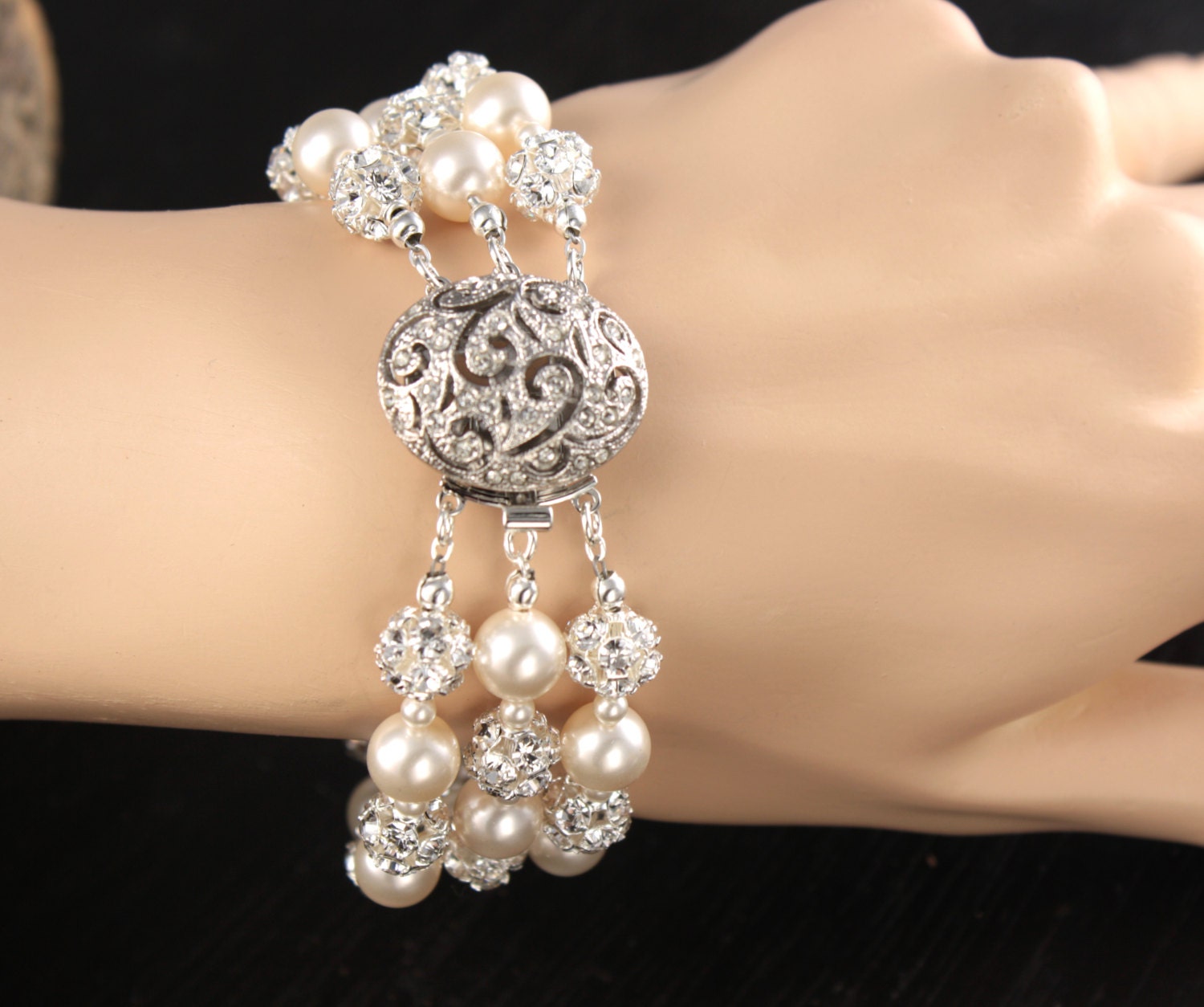 Pearl And Rhinestone Bridal Cuff Bracelet Rhinestones And