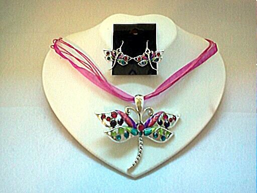 Crystal and enamel Dragonfly pendant earrings and ribbon choker set