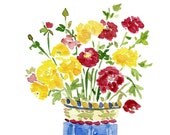 art print Buttercups bouquet in blue stripes vase print of original watercolor  mothers day, valentine , wall decor,  Cottage chic,