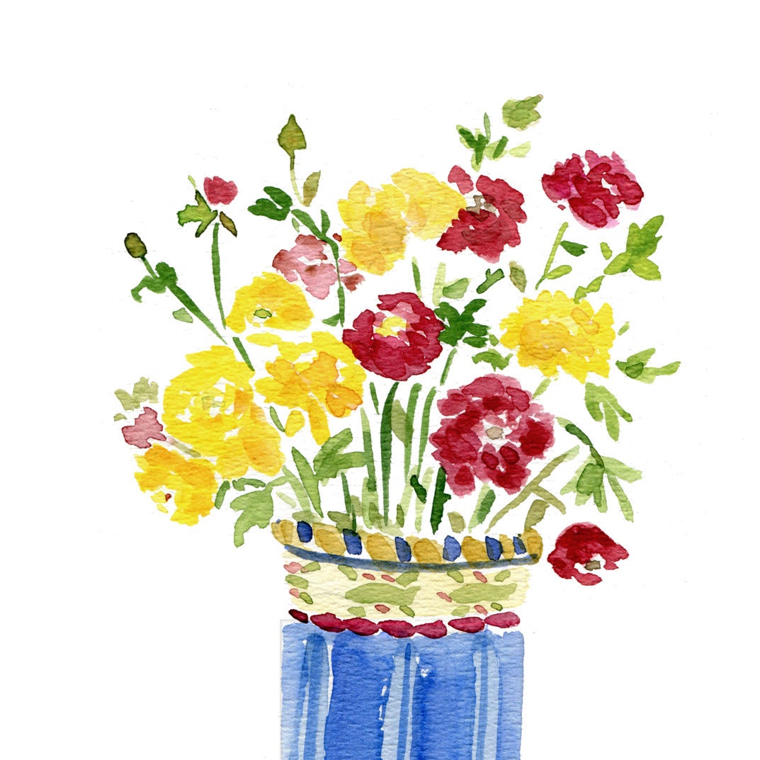 art print Buttercups bouquet in blue stripes vase print of original watercolor  mothers day, valentine , wall decor,  Cottage chic,