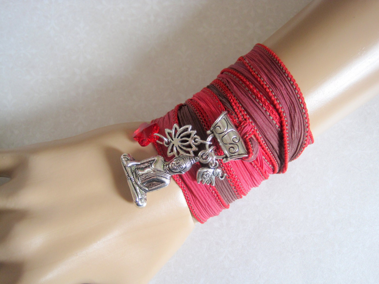 RELAXATION Charm Bracelet Necklace Anklet - Buddha Lotus Elephant Siam Swarovski Crystal Silk Ribbon Yoga Wrap