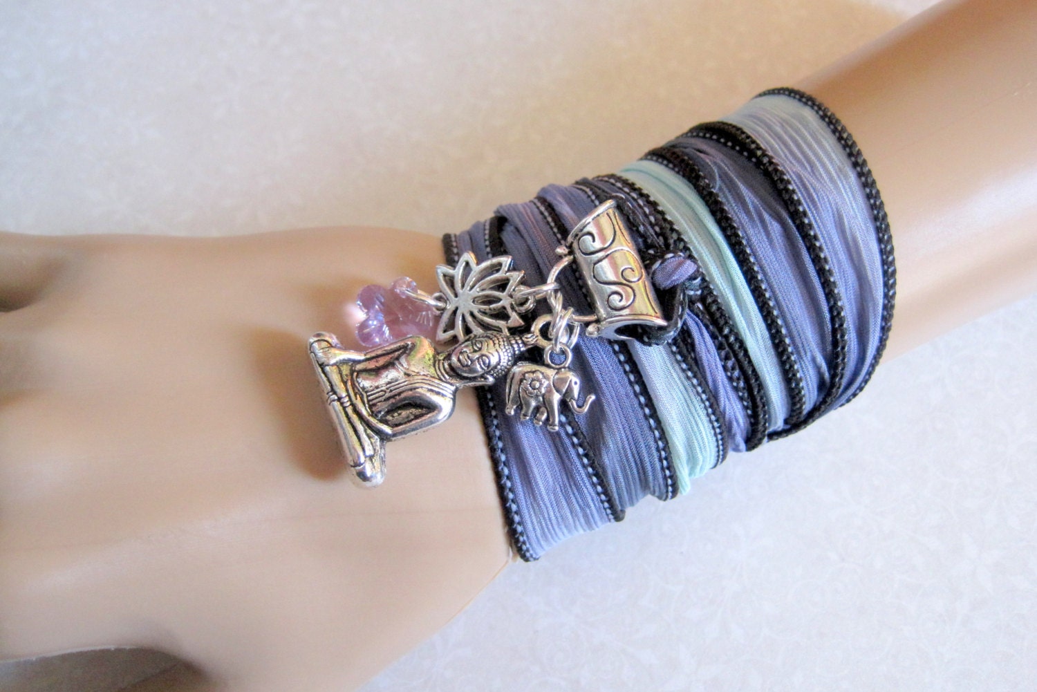 RELAXATION Charm Bracelet Necklace Anklet - Buddha Lotus Elephant Violet Swarovski Crystal Silk Ribbon Yoga Wrap