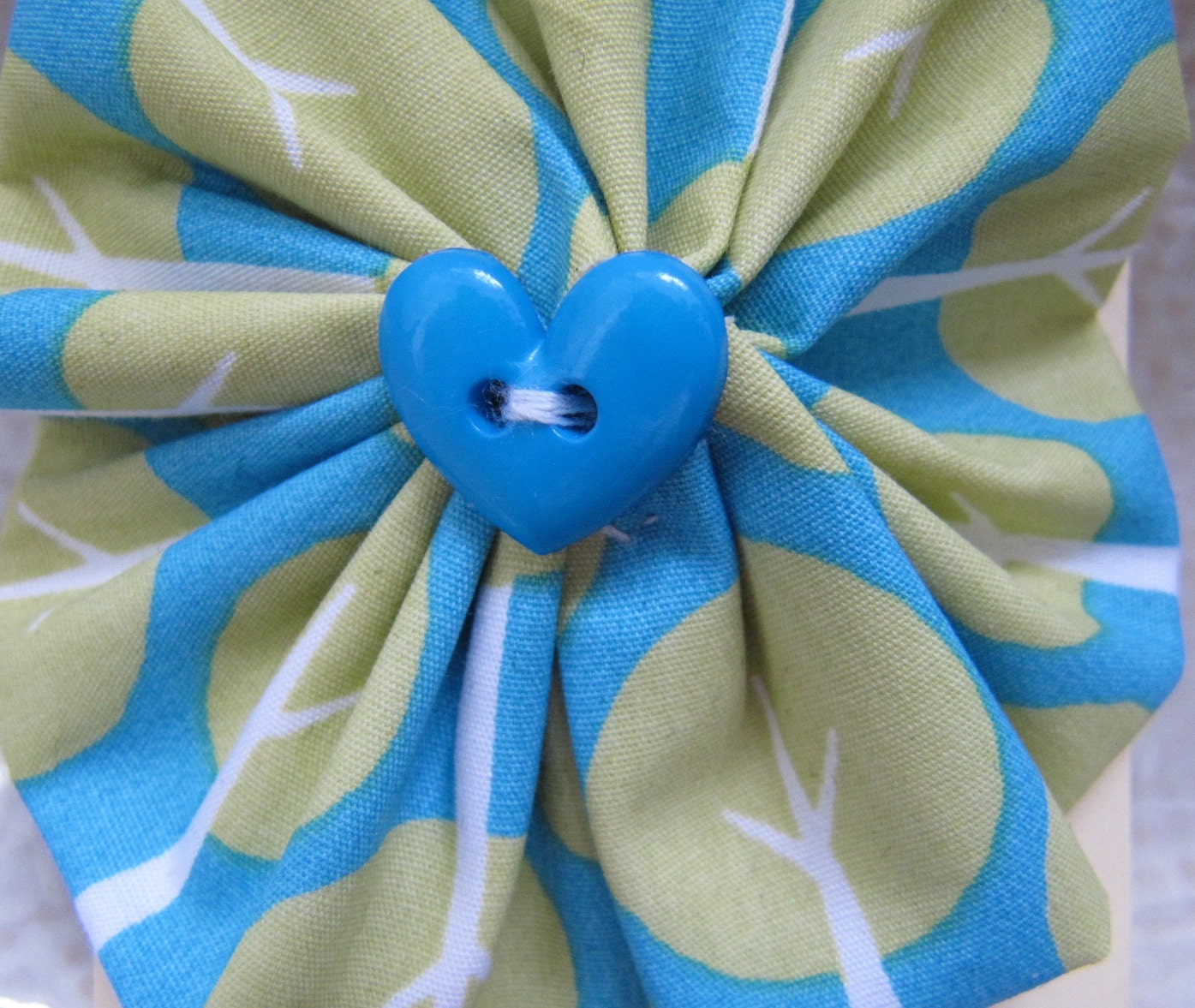 Beautiful Handmade Corsage - Retro Tree Design Cotton Corsage - Monaluna Fabric Teal and Lime Brooch
