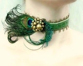 Absinthe - Green Velvet Gold Pearl Peacock Feather Choker - Burlesque Victorian Renaissance