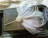 Bridal Art Deco Hair Pin - Vintage Rhinestone Ivory Peacock Feathers White