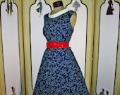 Vintage 1950's Blue and White Embroidered Summer Dress with Reverse Sailor's Collar. XL XXL
