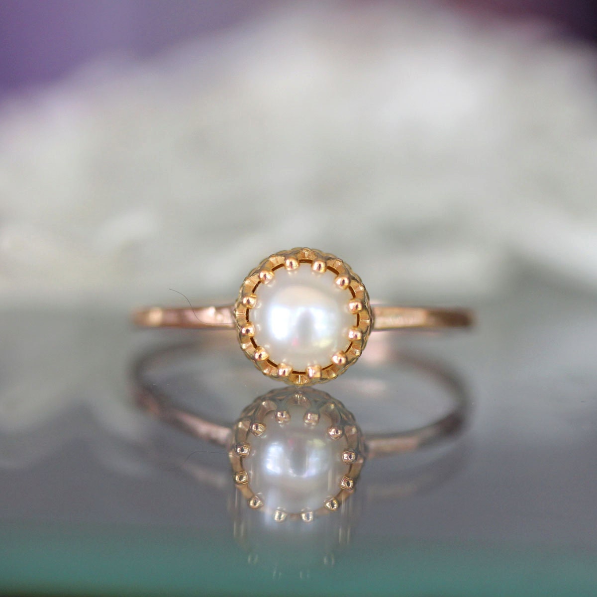 White Pearl In 14K Gold Crown Ring - Made To Order