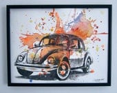 Retro Vintage Art Volkswagen Vw Beetle Watercolor Painting - Original Watercolor Painting Car Art