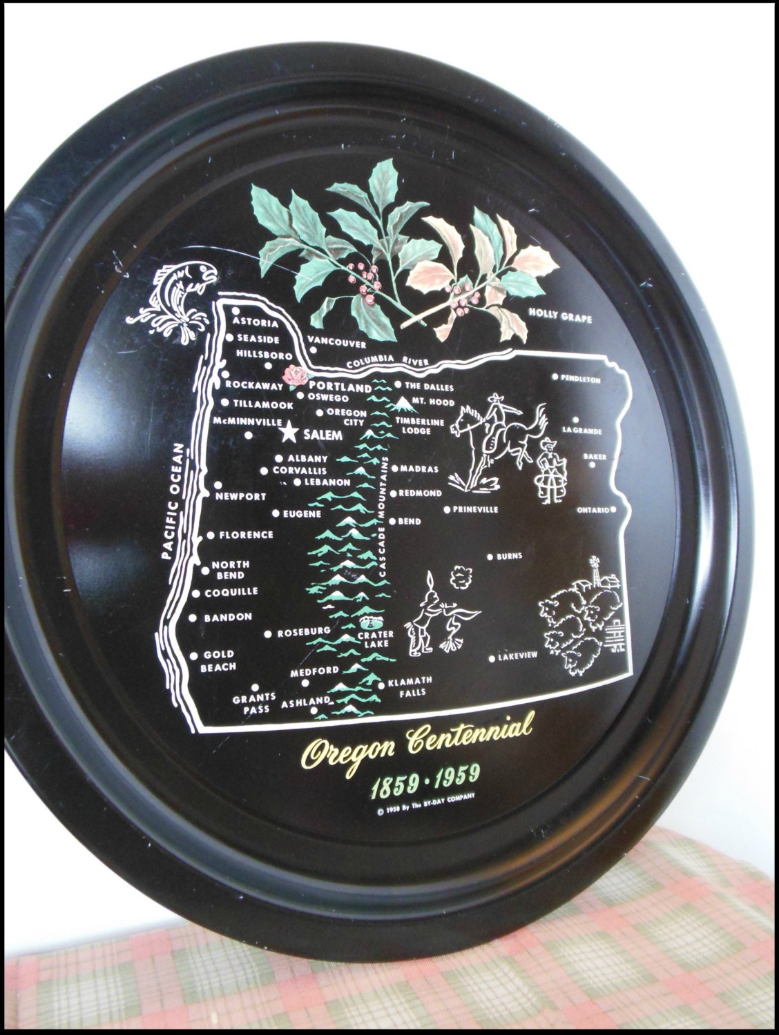 Oregon Centennial 1959 commorative black metal tray