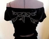 Simply Divine Sexy Black Velvet and Rhinestone Vintage 50s Couture set with Crop Top and Unique Panel Wiggle Skirt L -ON SALE