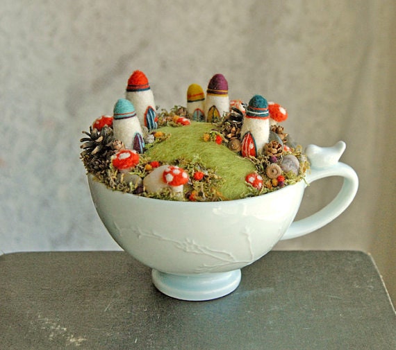 Tiny Fairy Houses and Village, Waldorf Fairy Garden in a Cappuccino Cup, Needle Felted