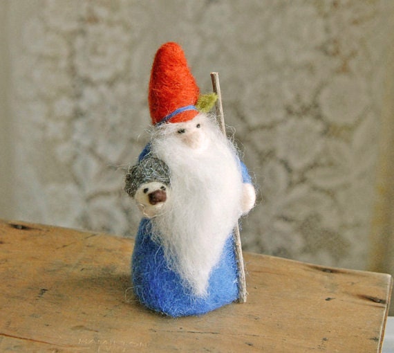 Gnome With Hedgehog, Waldorf Gnome, Needle Felted, Blue Gnome