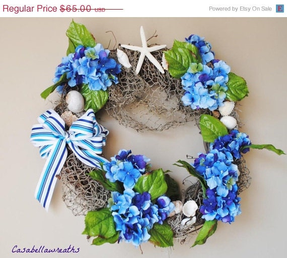 25% Off Nautical Summer Wreath- Beach Wreath-Hydrangea and Seashells