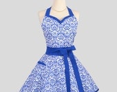 Sweetheart Retro Apron . Sexy  Womens Apron Blue and White Swirl Design Handmade  Cute Full Kitchen Apron