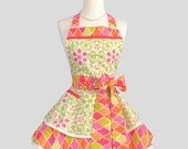Ruffled Retro Apron / Cute Retro Modern Appeal in a Handmade Flirty Full Womens Apron a Splash of Colors
