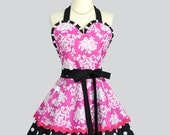 Sexy Retro Pinup Apron - Hot Pink and White Damask with Black White Polka Dots Cute Flirty Apron
